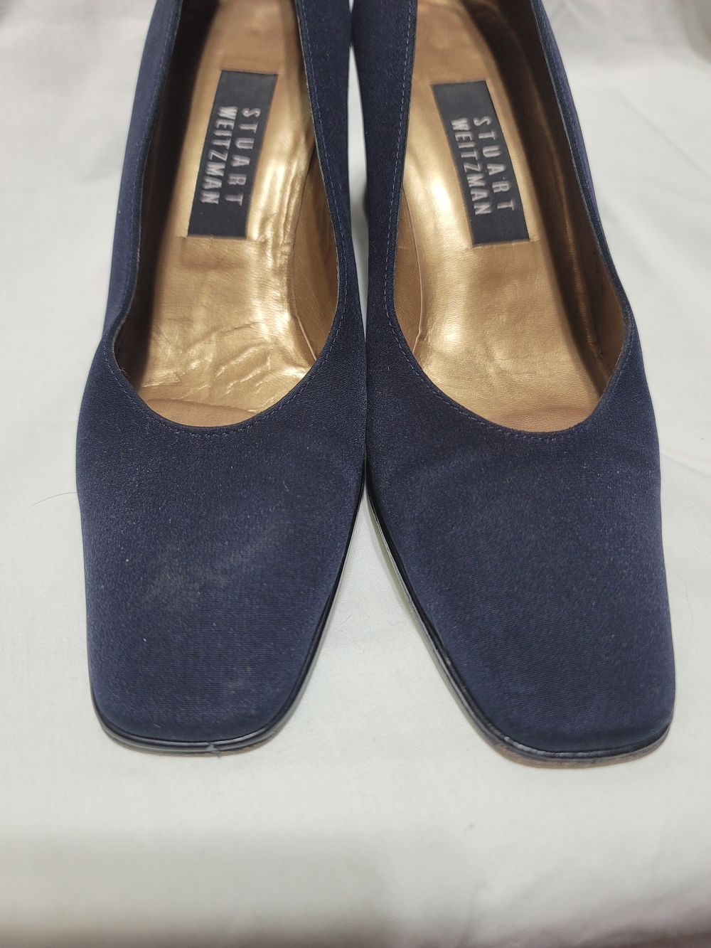 Stuart Weitzman Navy Blue Satin Square Toe Pumps, Size 7.5 B - Picture 4 of 10